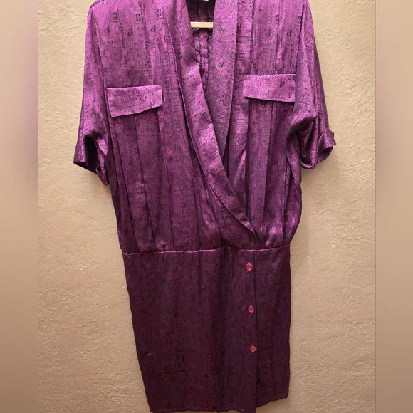 Vintage Dan Vali Silk Dress Purple Metallic Midi Belted Statement Canada - Picture 9 of 11